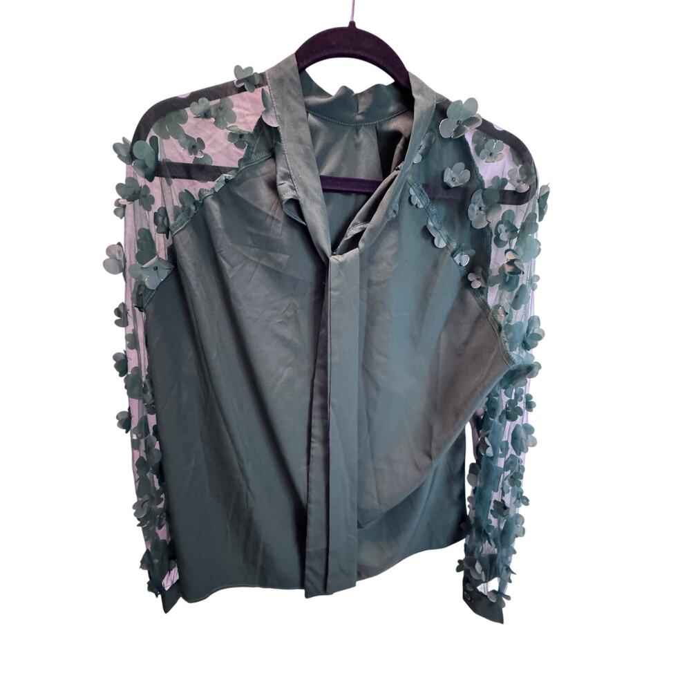SHEIN Green Satin Blouse XL 3D Floral Mesh Long Sleeve Tie Neck Elegant Top